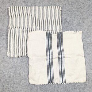 Pottery Barn Ivory Linen Blend Throw Pillow Covers Pair Blue Ticking Stripe